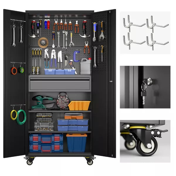 SUXXAN 71" H Metal Garage Storage Cabinet with Wheels, Pegboard and Drawer, Assembly required