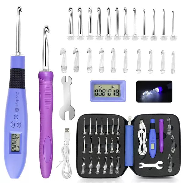 Zcvtbye Rechargeable Lighted Crochet Hook Set with Stitch Counter, 18 Interchangeable Metal Heads, Ergonomic Handle – Gift for Knitters