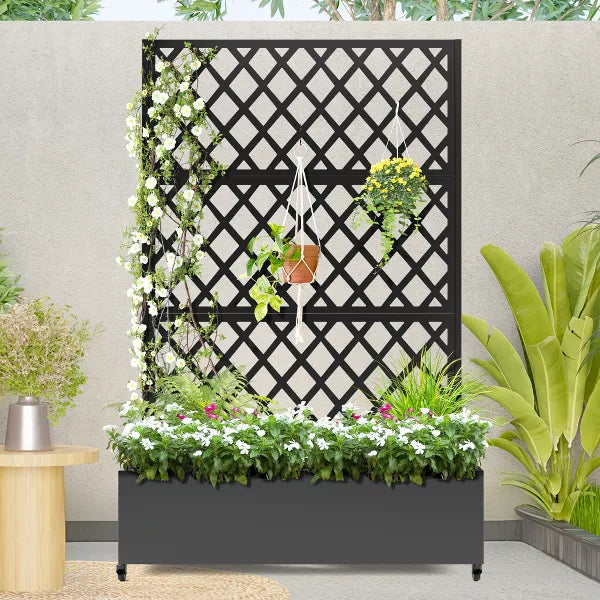 TOAOTBNBO Metal Raised Garden Bed with Diamond Lattice Trellis, Outdoor Planter Box with Wheels, Galvanized Garden Box for Patio