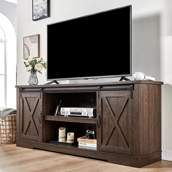 AMERLIFE 66" Farmhouse TV Stand for 75 Inches TVs, Entertainment Center with Sliding Barn Door