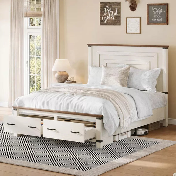 AMERLIFE Farmhouse Bed Frame with 54" Tall Geometric Headboard