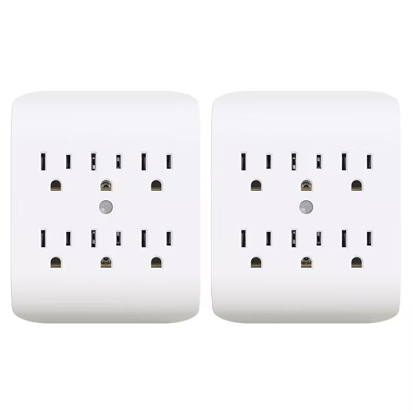ELEGRP 6 Outlet Extender with Central Anchor, 3 Prong Grounded Wall Tab, Multiple Outlet Extender with 6 Electrical Outlets, ETL Listed, White 2 Pack