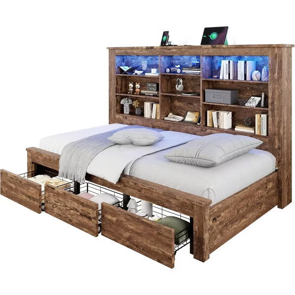AMERLIFE Daybed with Bookcase Headboard, USB-C Charging, RGB Lights & 3 Drawers