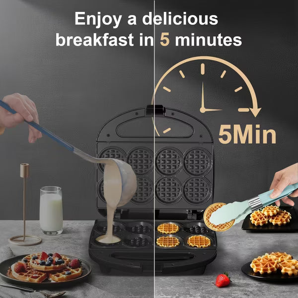 YASHE Multi Mini Waffle Maker, Compact, Black, Non-stick, 8 x 2'' Waffle Bites, Perfect for Families