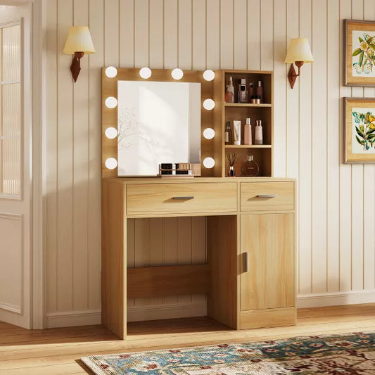 Vanity Desk Table with Mirror, Power Outlet and 10 Lights, Makeup Table with 3 Drawers,3 Color Modes Available for Bedroom-HYLEORY