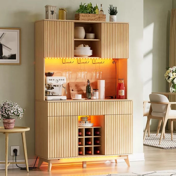 PAKASEPT 70" Fluted Coffee Bar Cabinet with Power Outlet & Light, Kitchen Hutch with Drawers, Shelf and Wine Glass Rack, Pantry China Cabinet for Home