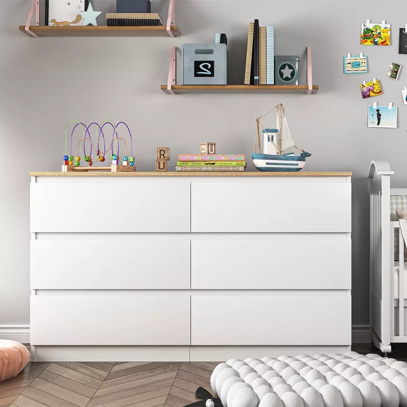 Resenkos Modern Mid Century 6 Drawer Wide Dressers Chests for Bedroom, Chest of Drawer Organizer Grey