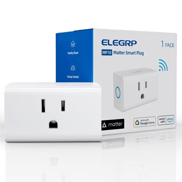 ELEGRP Matter Supported Mini Smart Plug, Smart Outlet 15A/1800W Max, Compatible with Apple Home/Siri/Alexa/Google Home/SmartThings, White 2PC