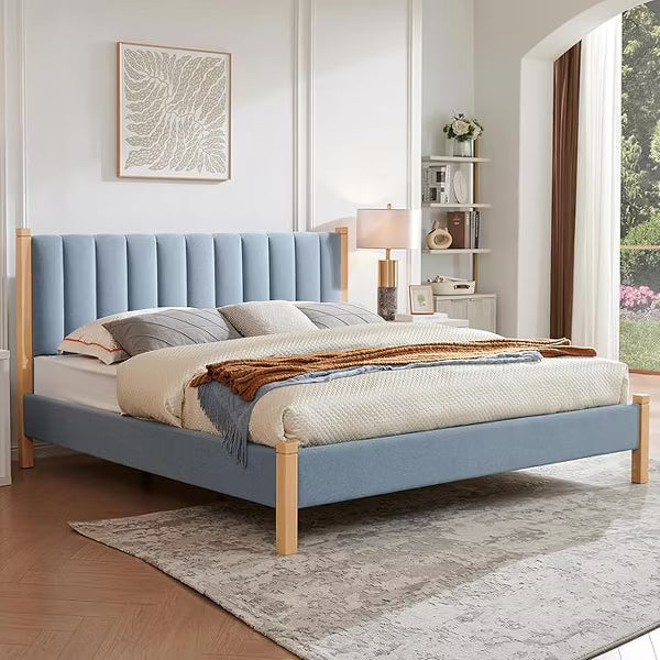 LEOVSNOVE Upholstered Platform Bed Frame Vertical Channel Tufted Headboard Silent Design No Box Spring Needed Easy Assembly