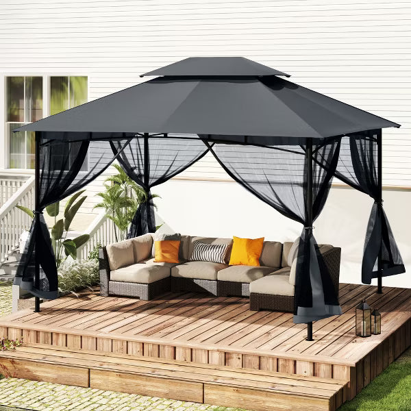 HAPPATIO Patio Soft Top Canopy Gazebo, Ventilated Double Roof & Mosquito Netting, Outdoor Gazebo with Metal Frame