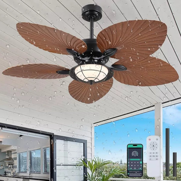Kviflon 52" Waterproof Outdoor Palm Leaf Ceiling Fans with Lights and Remote,Wet Rated Tropical Ceiling Fans for Patios Porch Gazebo Pergola