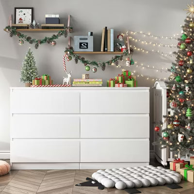 Resenkos 6 Drawer Wide Chest of Drawers, Storage Drawer Organizer, Traditional Bedroom Dresser, Sideboard Buffet for Living Room, White