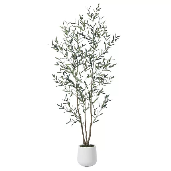 DR.Planzen 5-7FT Artificial Olive Tree with Round White Planter, Pre Potted Fake Plant for Home Decor