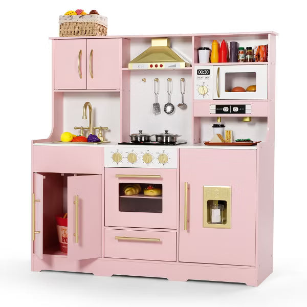 Kinder King Wooden Kids Play Kitchen, Toy Kitchen Playset for Toddlers, Realistic Kitchen Set with Sounds, Gift for Boys and Girls Age 3+