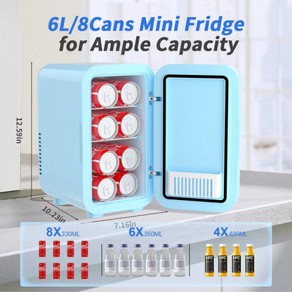 YASHE Mini Fridge, 6 Liter/8 Can 110V AC/DC Portable Thermoelectric Cooler Refrigerators for Bedroom, Skincare, Beverage, Office, Dorm Room and Car