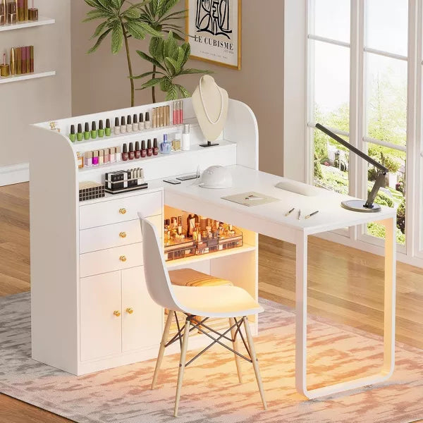 PAKASEPT Manicure Table with Led Light, Nail Desk Makeup Dressing Nail Station with Storage Drawers & Cabinet and Shelves