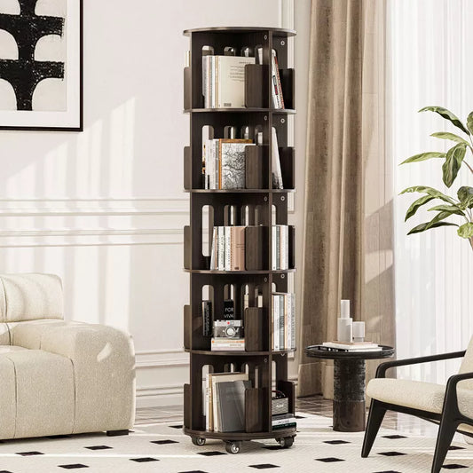 ATJafurn 17.7'' 360° Rotating Bookshelf Tower Revolving Corner Bookcase, Mid-Century Modern Dark Walnut Spinning Bookshelves For Home Office Corner