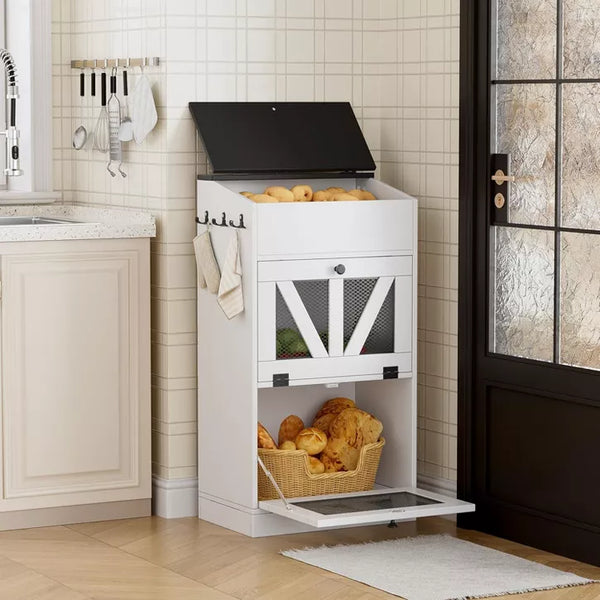 PAKASEPT 35" Farmhouse Potato Storage Bin Bread Box with Lid Rustic, Onion Organizer with Grocery Section Vegetable Organization Cabinet for Kitchen