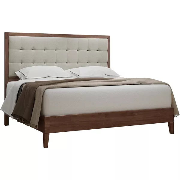 Wood Platform Bed Frame Upholstered Tufted Headboard, Solid Wood Bed