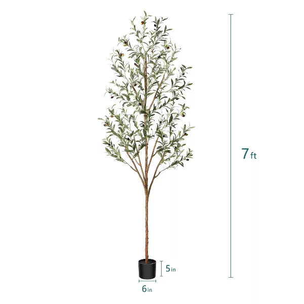 DR.Planzen 4-7ft Artificial Olive Tree Tall Faux Silk Plant Fake Potted Tree with Natural Wood Trunk and Lifelike Fruits for Home Office Decor Indoor