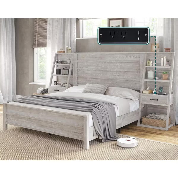 AMERLIFE Bed with Wide Headboard, 4-Tier Bookshelves, Charging Station & 2 Drawers