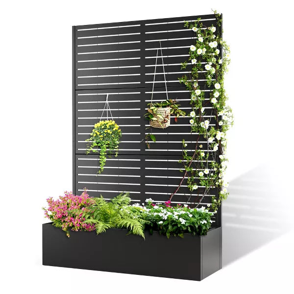 TOAOTBNBO Outdoor Planter Box with Square-Hole Trellis, Metal Raised Garden Bed for Climbing Plants, Galvanized Garden Box with Drainage Holes