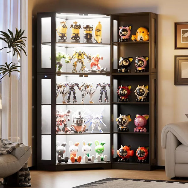 PAKASEPT 39"W Corner Display Curio Cabinet, Transparent Display Case with Glass Doors and LED Lights for Collectibles, Display Shelf for Living Room