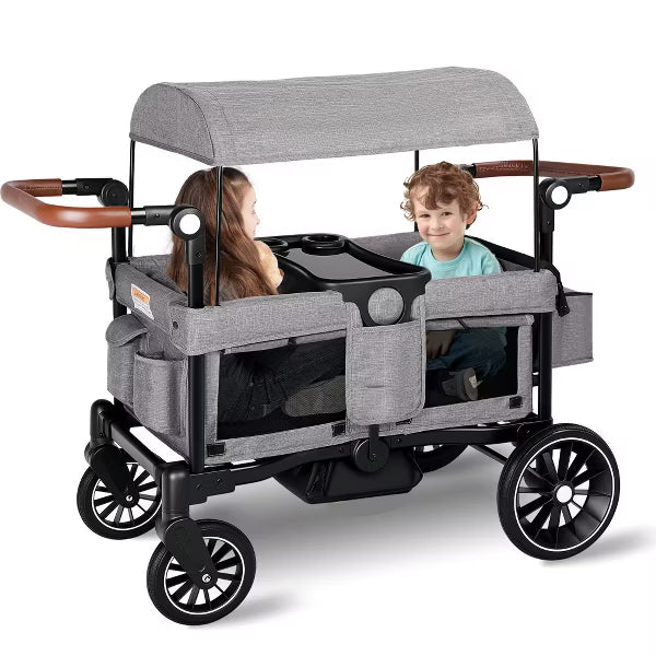 Folding Wagon Stroller for 2 Kids, Adjustable Handle, All-Terrain Shock-Absorbing Wheel, Detachable Tray, Diaper Bag