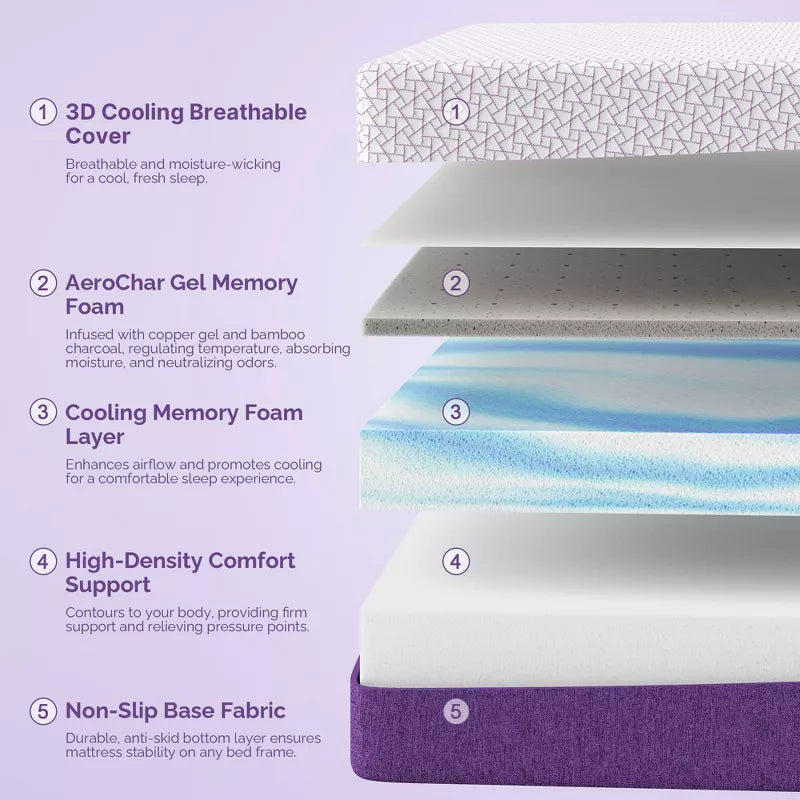 Sersper 12 inch AeroChar Cooling Gel Memory Foam Mattress, CertiPUR-US & OEKO-TEX Certified