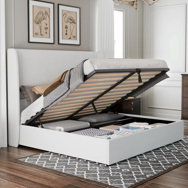 AMERLIFE Bed Frame with Lift Up Storage,Linen Upholstered Platform Bed,Wingback Headboard
