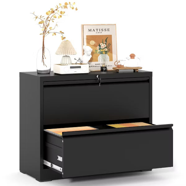 Munora - 2-Drawer Lateral File Cabinet with Lock - Wide Storage for Letter/Legal/A4 Files - Black
