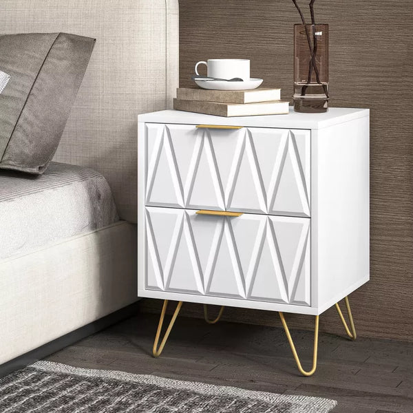 CIPACHO 2 White Modern Bedroom Night Stands with 2 Drawers Wood & Golden Metal Legs Also for Living Room