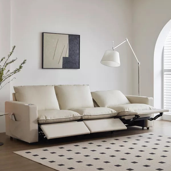 ATJafurn White Genuine Leather Electric Power Reclining Sofa Sectional Couch with USB and Cup Holders, Individually Adjustable for Each Seat, 3 Seat