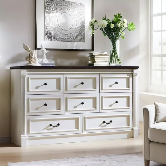 Sincido 8 Drawers Dresser for Bedroom, Farmhouse 61" Wide Tall Dressers w/Roman Column