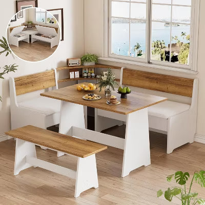 PAKASEPT Breakfast Nook Corner Dining Table Set with Cushion, L-Shape Kitchen Bench Chair Set with Hidden Storage, for 3-5 People