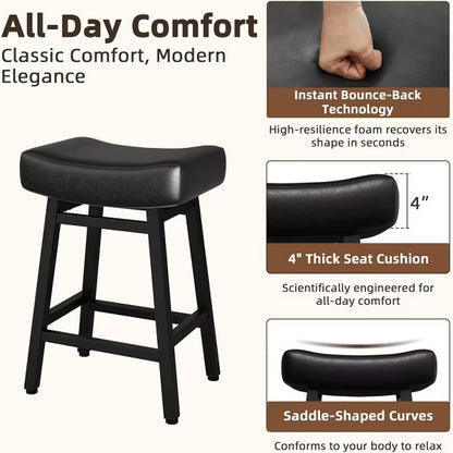 DYHOME 24 Inches Bar Stools, Saddle Kitchen Stools with PU Leather Cushion Counter Height Barstools, Set of 2