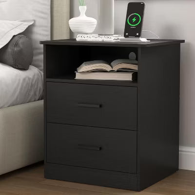 CIPACHO Black 2 Drawer Modern Nightstand with Charger Station USB Type C Ports AC Outlets and Ample Storage for Bedroom