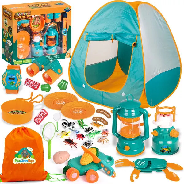 Fun Little Toys 35 PCS Kids Camping Set, Tent Pretend Play & Camping Games for 3-12 Year Olds, Birthday Gifts