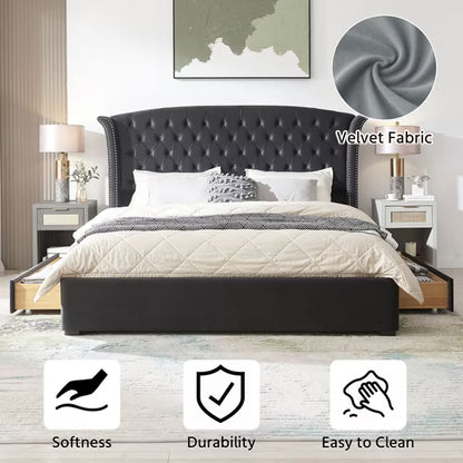 57.48"High Headboard Upholstered King Bed Frame - 2 Storage Drawers,Button Tufted Wingback,Velvet Fabric,No Box Spring Needed, Easy Assembly,Ink Blue
