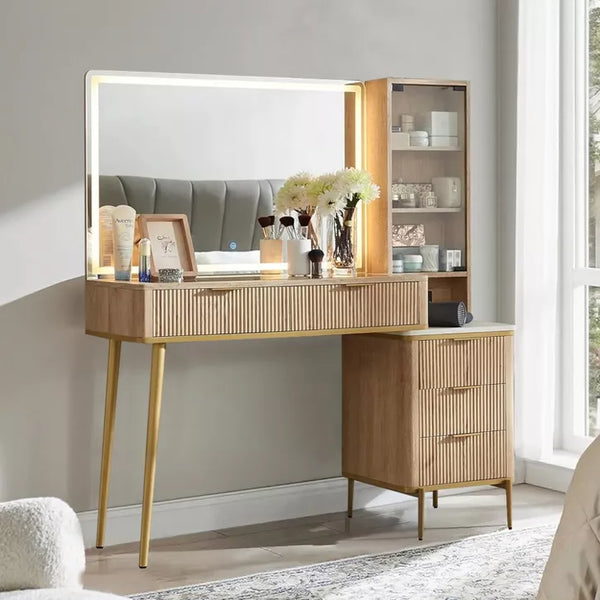 Fluted Makeup Vanity Tables with 36" HD Lighted Mirror, 48" Big Modern Vanity Desk with Glass Top & 5 Drawers & Shelves, Dressing Table