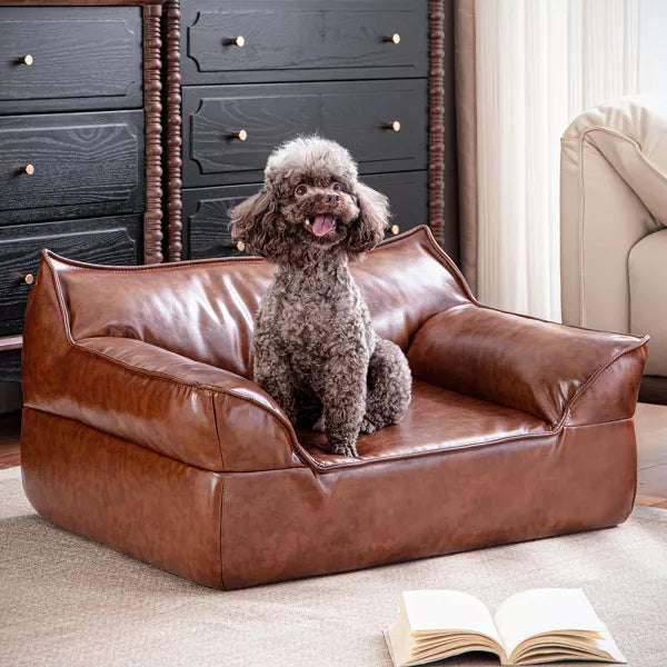 ATJafurn 31.5” leather Sofa for Pets with Non-Slip Base, Mid-Century Modern Pet Couch Bed bear up to 50lbs, Brown