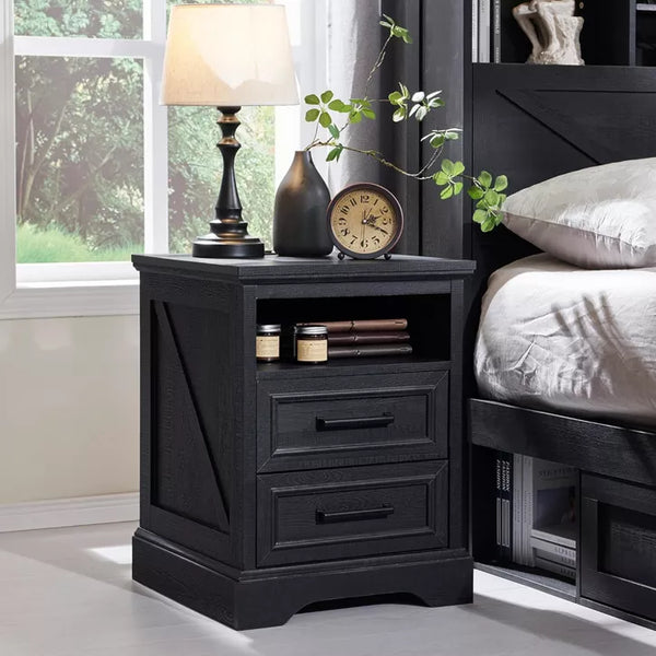 18" Farmhouse Nightstand with Charging Station, End Table with 2 Drawers Storage for Bedroom, Living Room