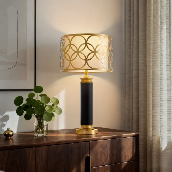 GTCLIGHTING 32.3" Faux Leather Table Lamps for Living Room,Black Gold Modern Nightstand Lamps with Metal hollow lampshade for Bedroom Bedside