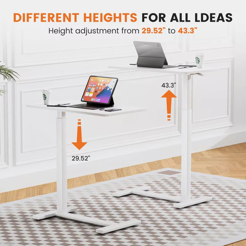 GlasFlength Desks Overbed Bedside Table with Wheels, Adjustable Height Mobile Standing Desk, Rolling Bed Table for Hospital, White, 27.5"*15.7"*43.3"