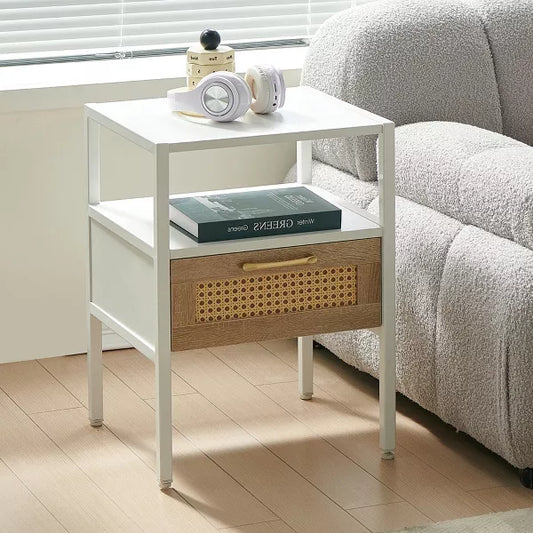 Wooakway 15.75"L 21.26"H 13.78"D Rattan End Table Side Table Nightstand with Adjustable Feet for Living Room Bedroom