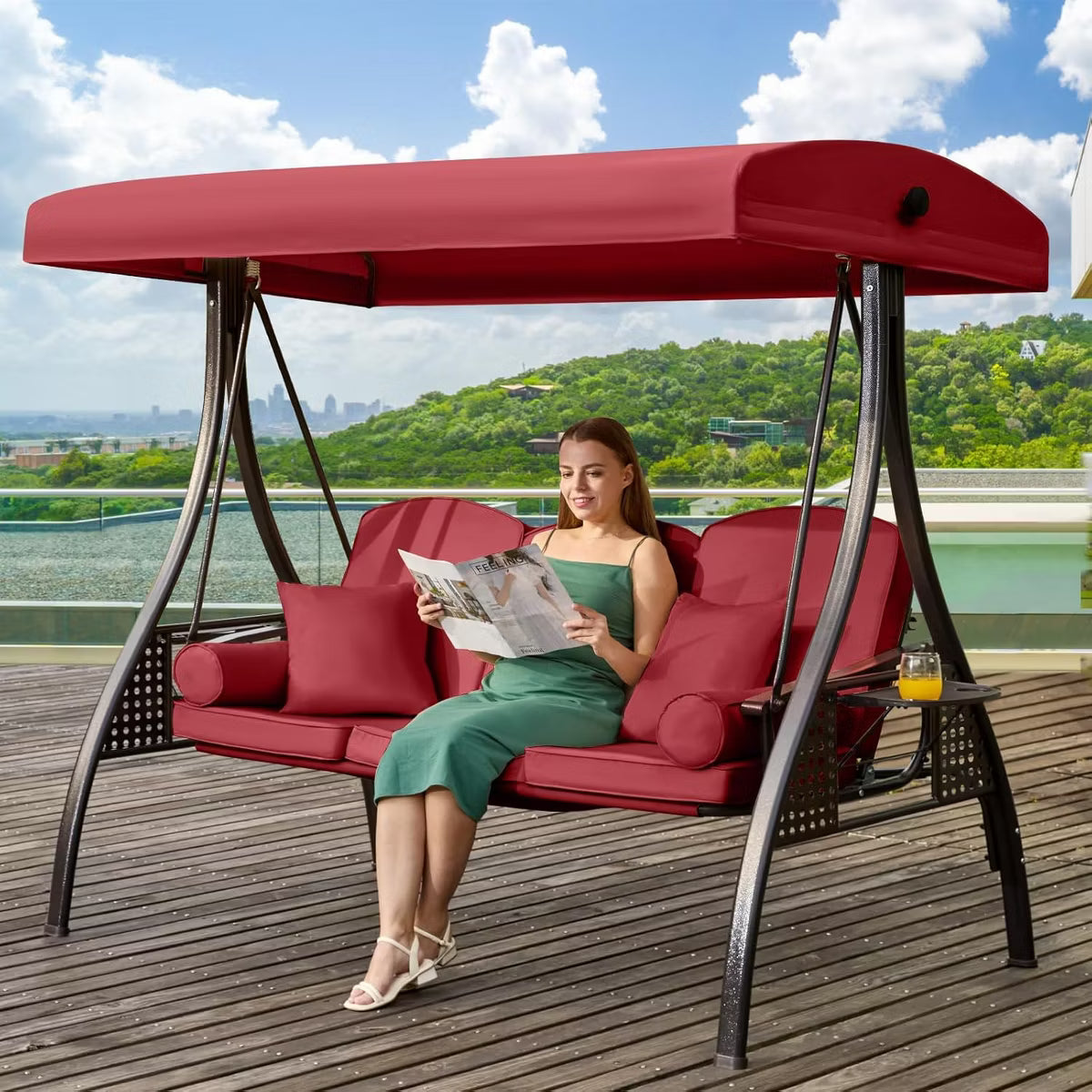 BOSMILLER 3-Seat Outdoor Porch Swing with Adjustable Canopy, 2 in 1 Convertible Patio Swing Bed, Patio Glider Swing for Backyard, Blue