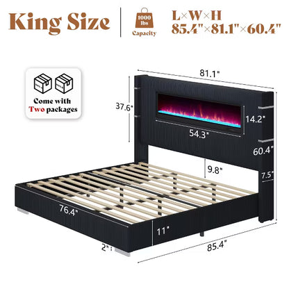AMERLIFE Modern Bed Frame with Fireplace, Wingback Platform Bed Frame with 60.4“ Extra Tall Headboard, Beige