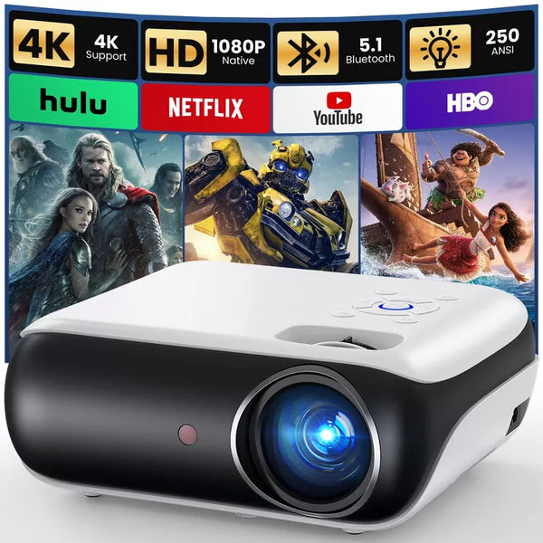 HAPPRUN Native 1080P Bluetooth Projector, Full HD Portable Outdoor Movie Projector with Built-in Speaker, Compatible with Smartphone