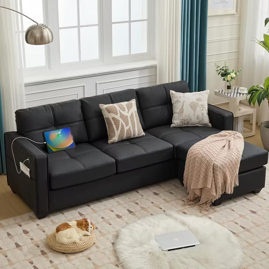 TYBOATLE 88" Faux Leather L-Shaped Sectional Sofa, Comfy Modular Couch with Chaise & USB, Convertible Sofa for Living Room, Bedroom, or Small Spaces
