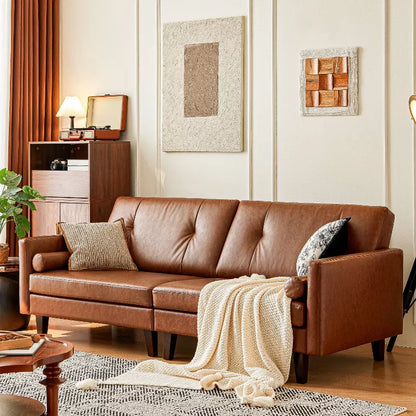 ATJafurn 86 inch Genuine Leather Sofa, Mid-Century Modern Upholstered Sectional Couch Retro Luxurious Loveseat for Living Room Bedroom Office